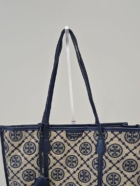 Tory Burch Navy and Cream Logo Canvas Tote